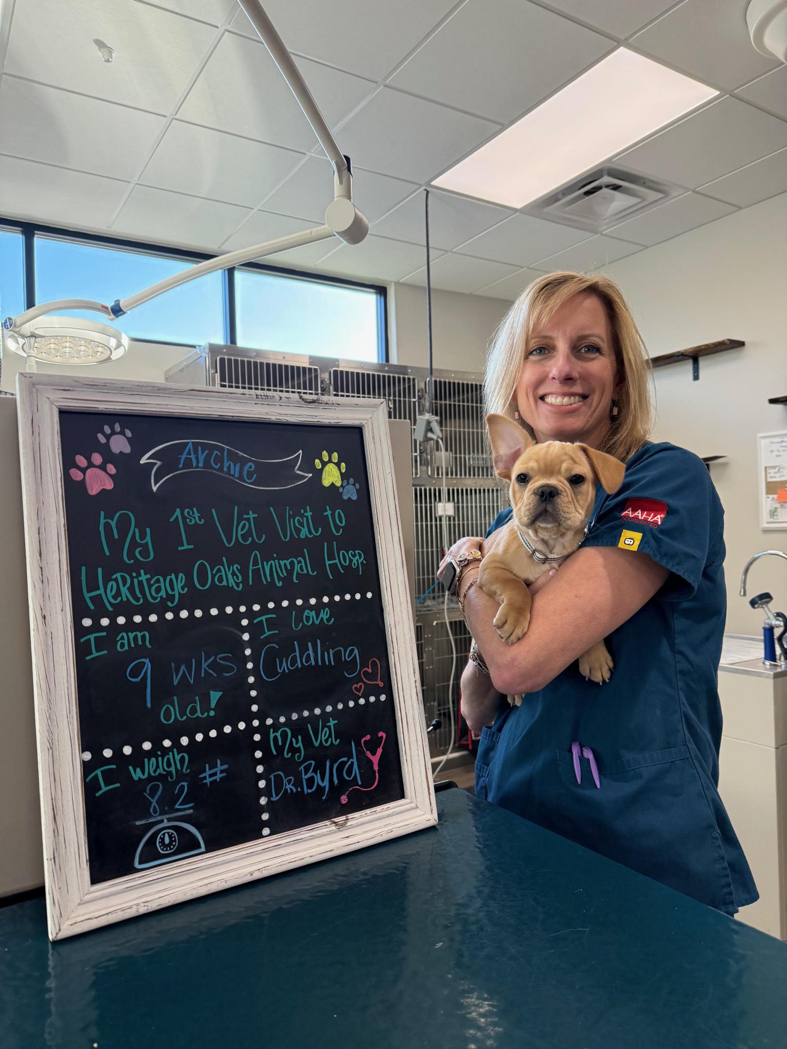 A Northern Oaks Animal Hospital veterinary technician holding a puppy.